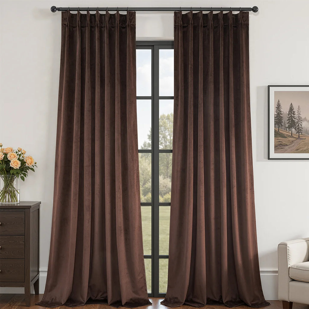 Velvet Blackout Curtains Light Blocking Thermal Insulated Pinch Pleated Drapes,Room Darkening Soundproof Curtains 2 Panels With Hooks (Set of 2)