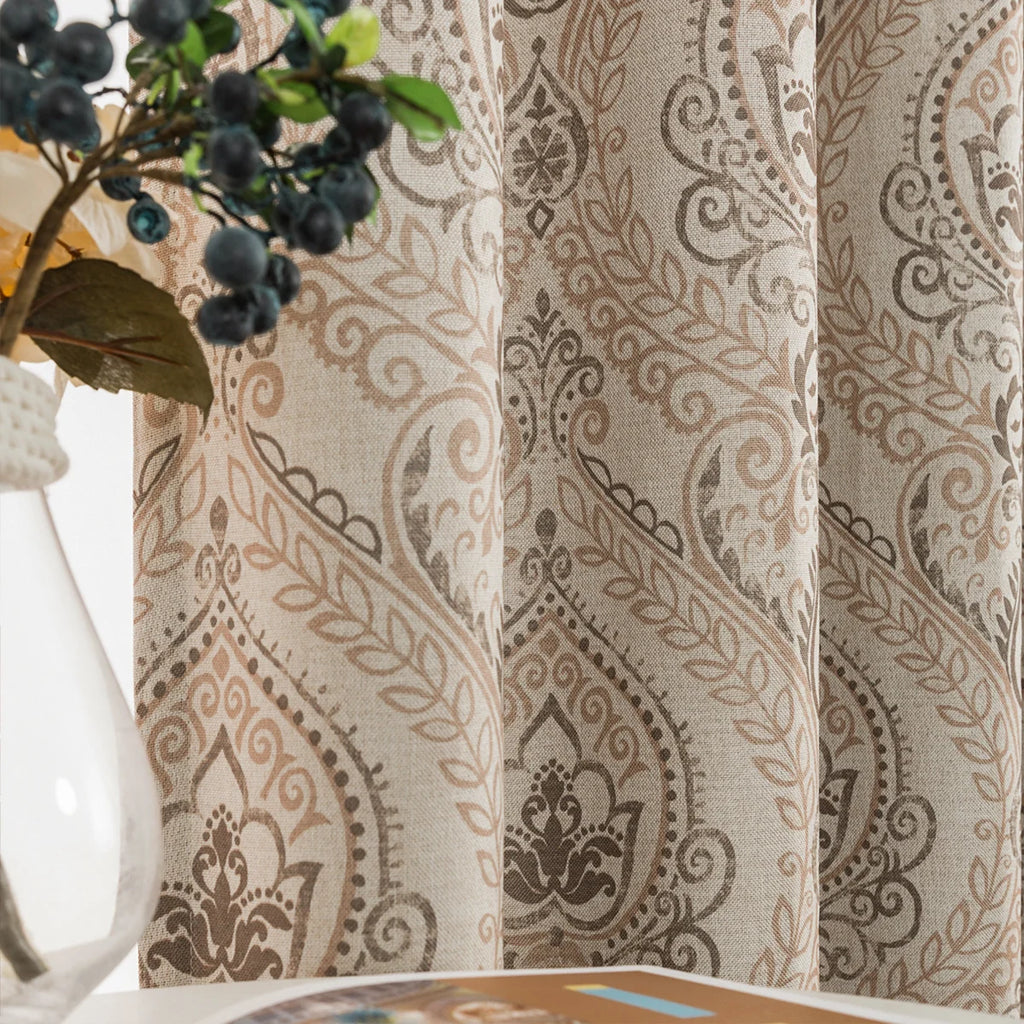 Vintage Damask Curtains Elegant Medallion Patterned Room Darkening Curtains for Bedroom Taupe on Greige (Set of 2)