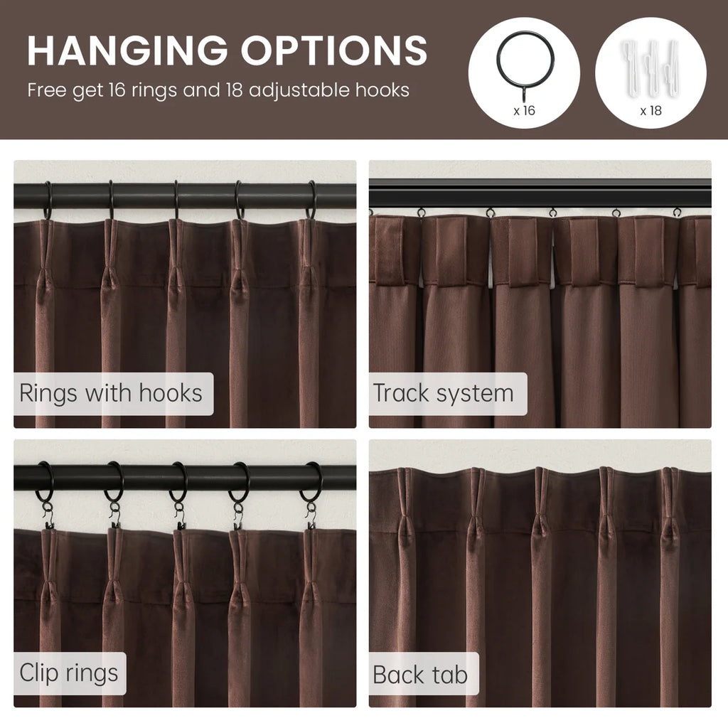 Velvet Blackout Curtains Light Blocking Thermal Insulated Pinch Pleated Drapes,Room Darkening Soundproof Curtains 2 Panels With Hooks (Set of 2)