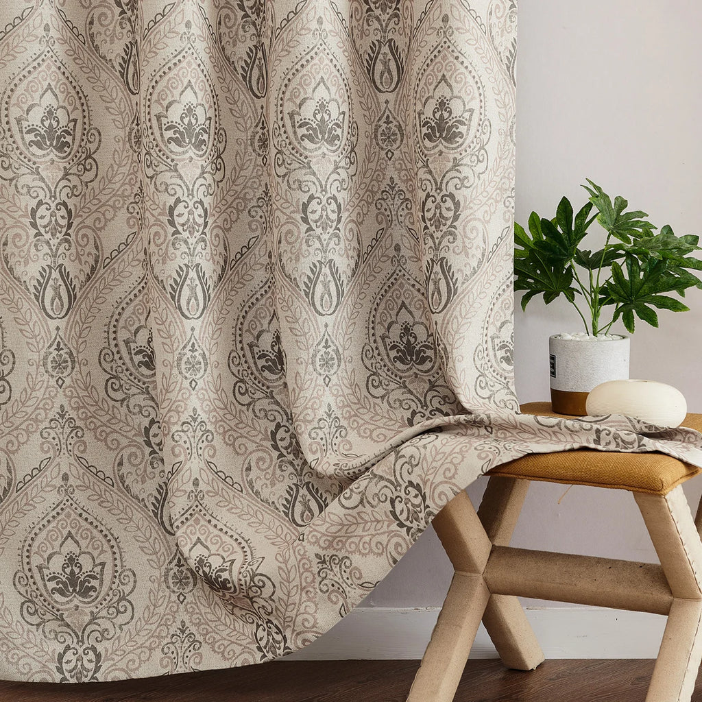 Vintage Damask Curtains Elegant Medallion Patterned Room Darkening Curtains for Bedroom Taupe on Greige (Set of 2)