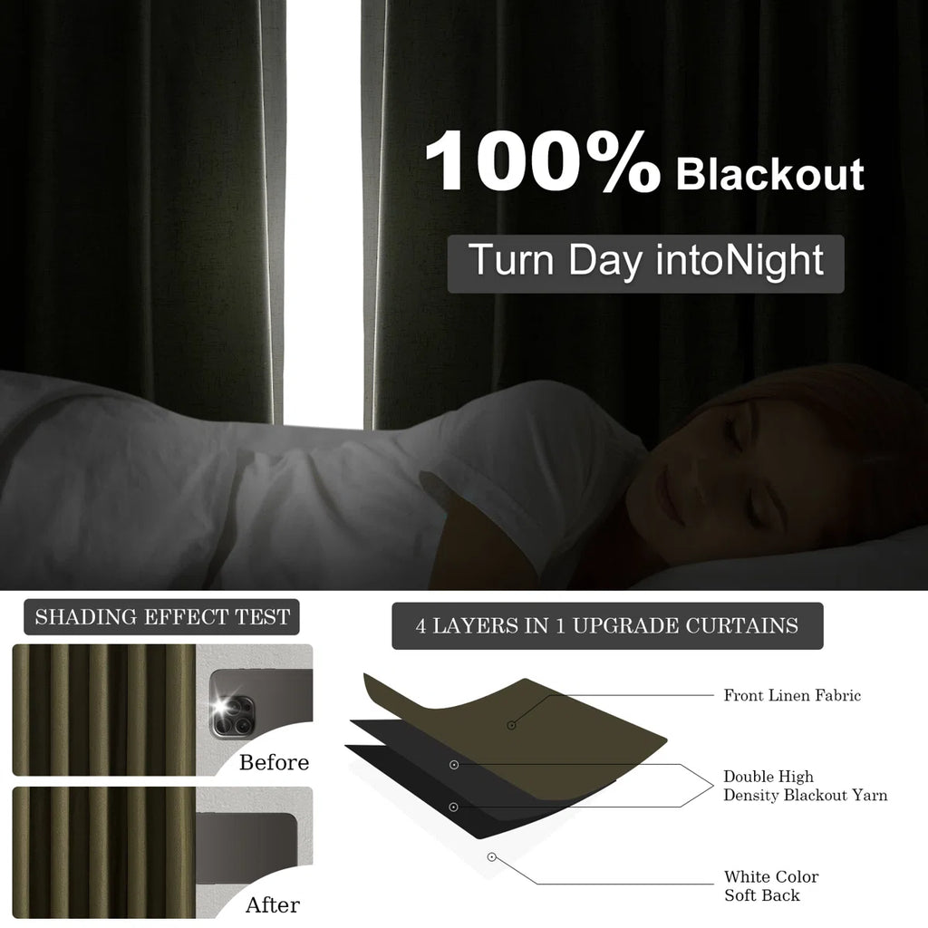 Dennan 100% Blackout Thermal Insulated Linen Drapes with Back Tab & Hooks (Set of 2)