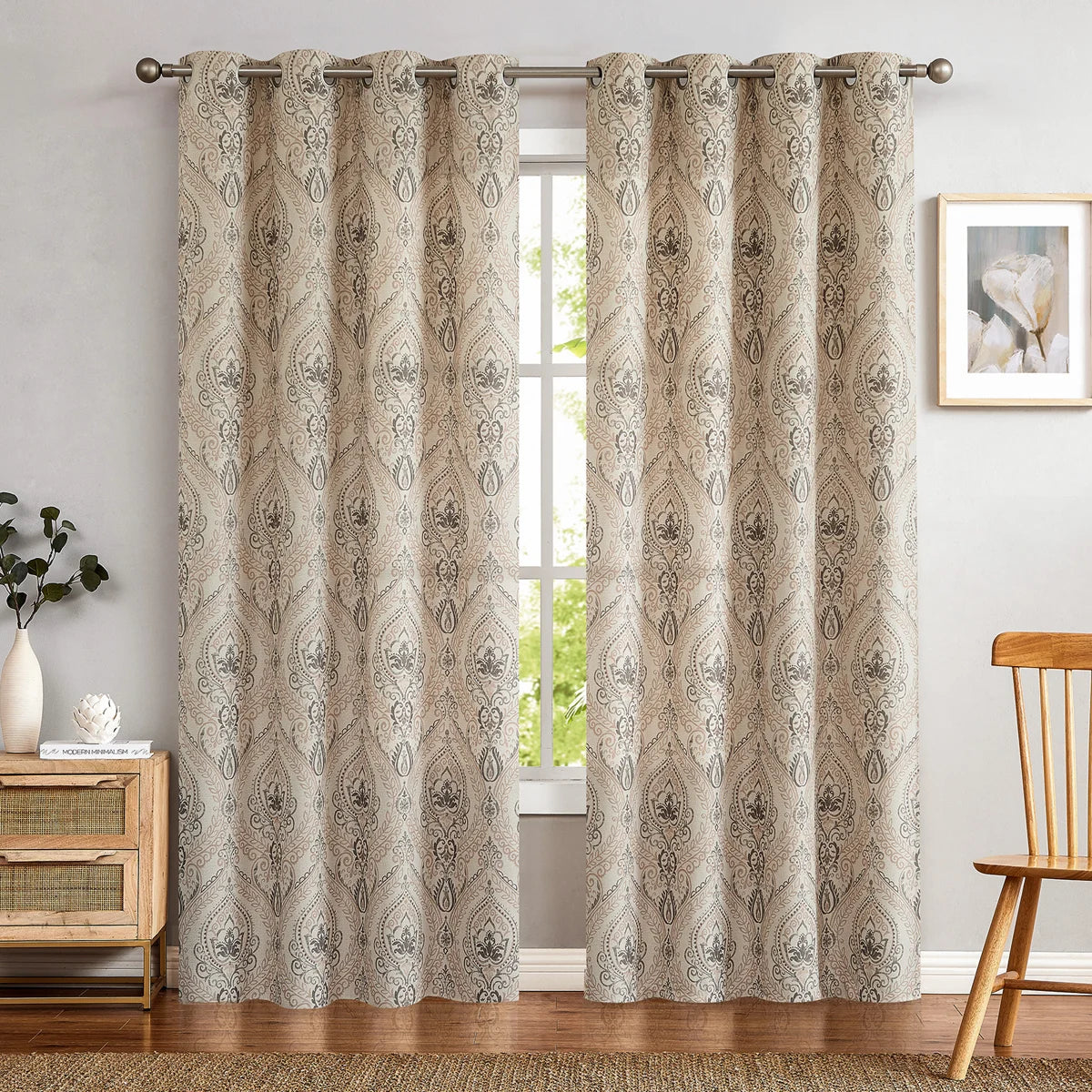 Vintage Damask Curtains Elegant Medallion Patterned Room Darkening Curtains for Bedroom Taupe on Greige (Set of 2)